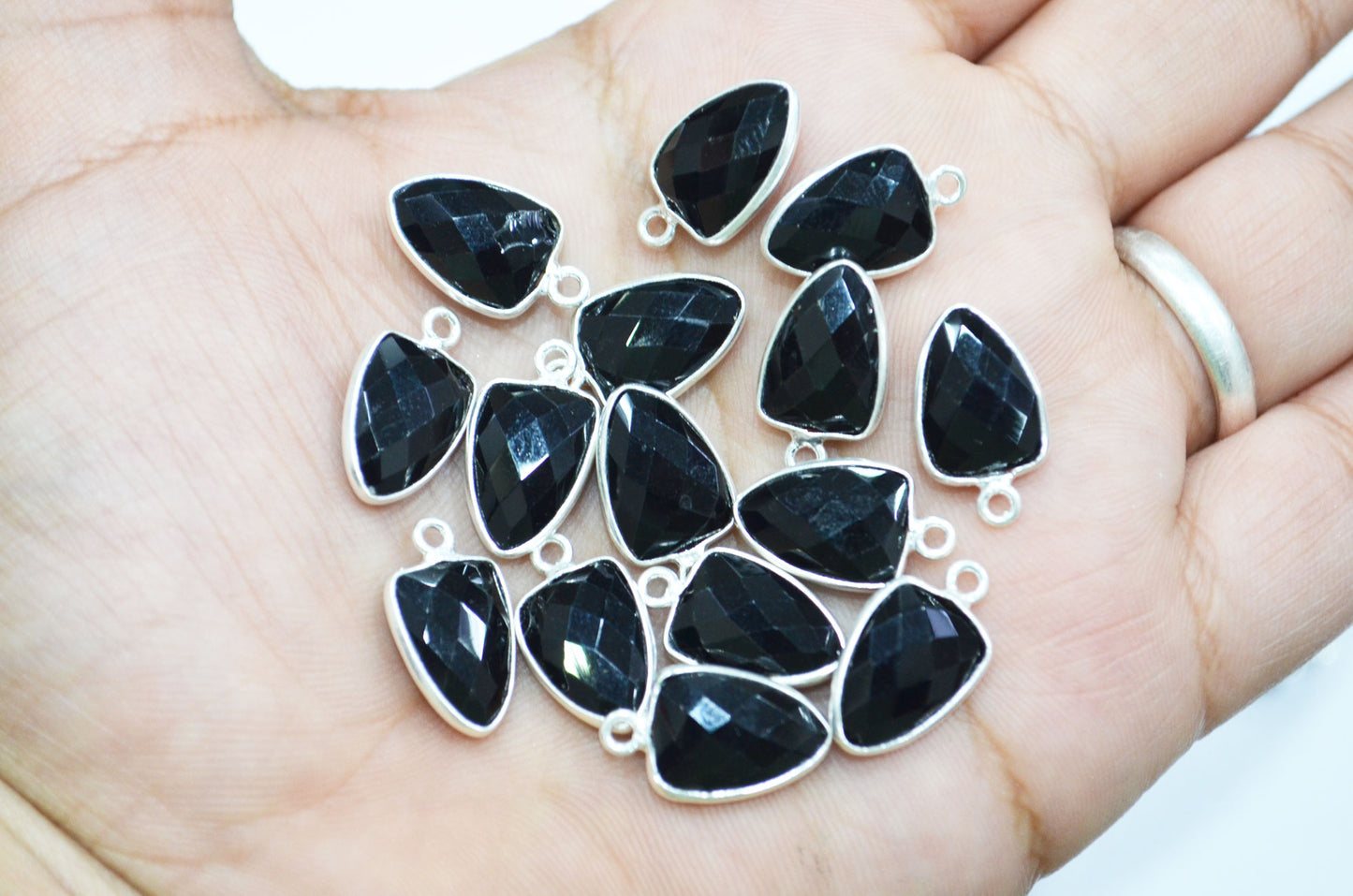 Black Onyx Hydro Quartz Trillion Shape Connector , Sold By Piece , 10x13 mm , RB-5858A