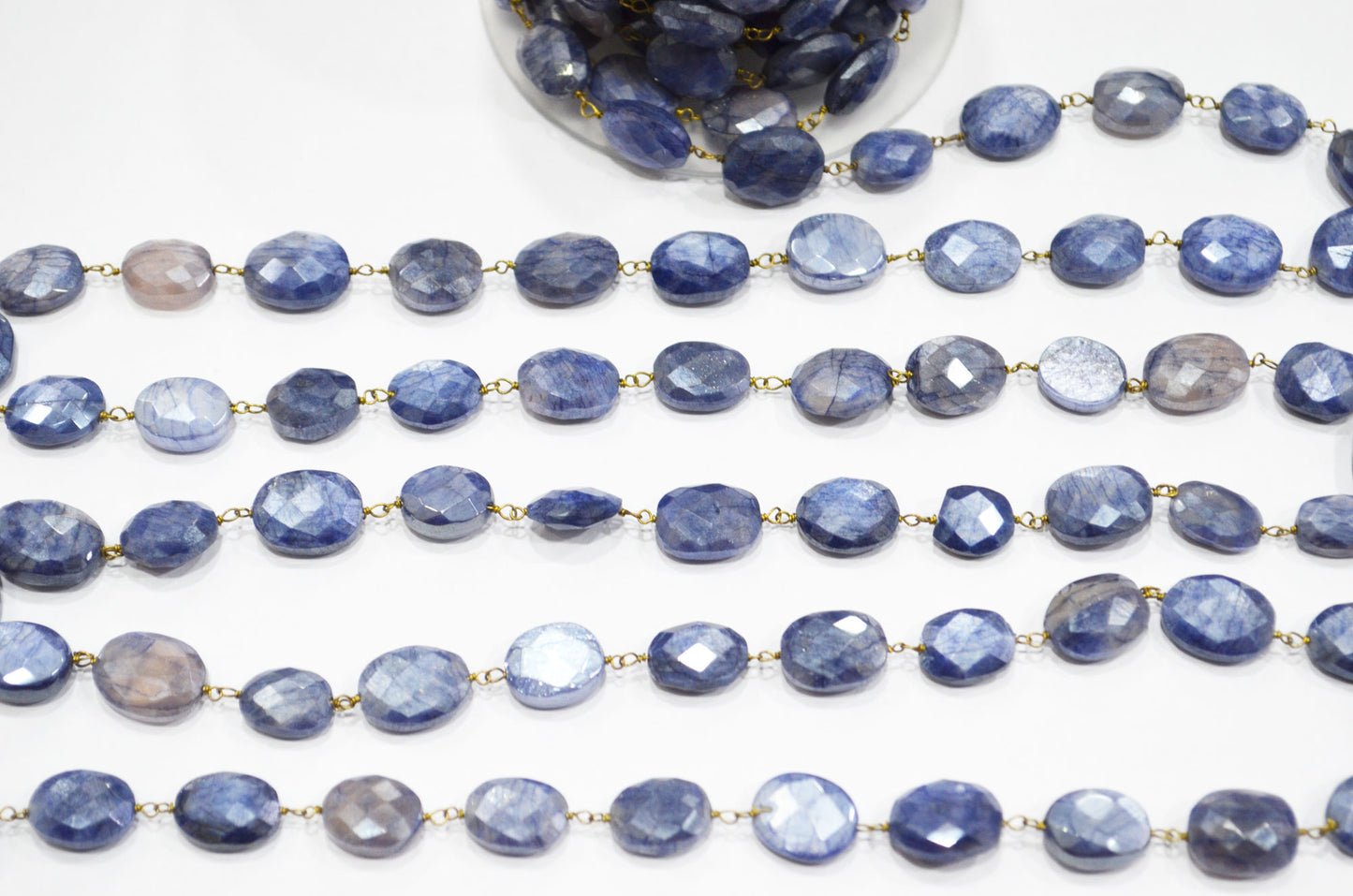 Sapphire Colored Moonstone Faceted Oval Shape Rosary Beaded Chain , 9 - 13 mm , RB-5871