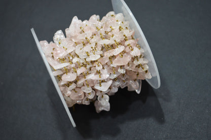 Rose Quartz Smooth Irregular Flat Chips Shape Rosary Beaded Chain , 2 - 9 mm , RB-5876