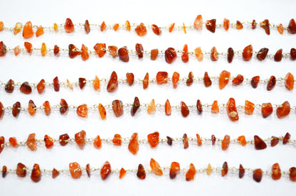 Carnelian Smooth Irregular Flat Chips Shape Rosary Beaded Chain , Carnelian Wire Wrapped Chain , 3 - 5 mm , RB-5878