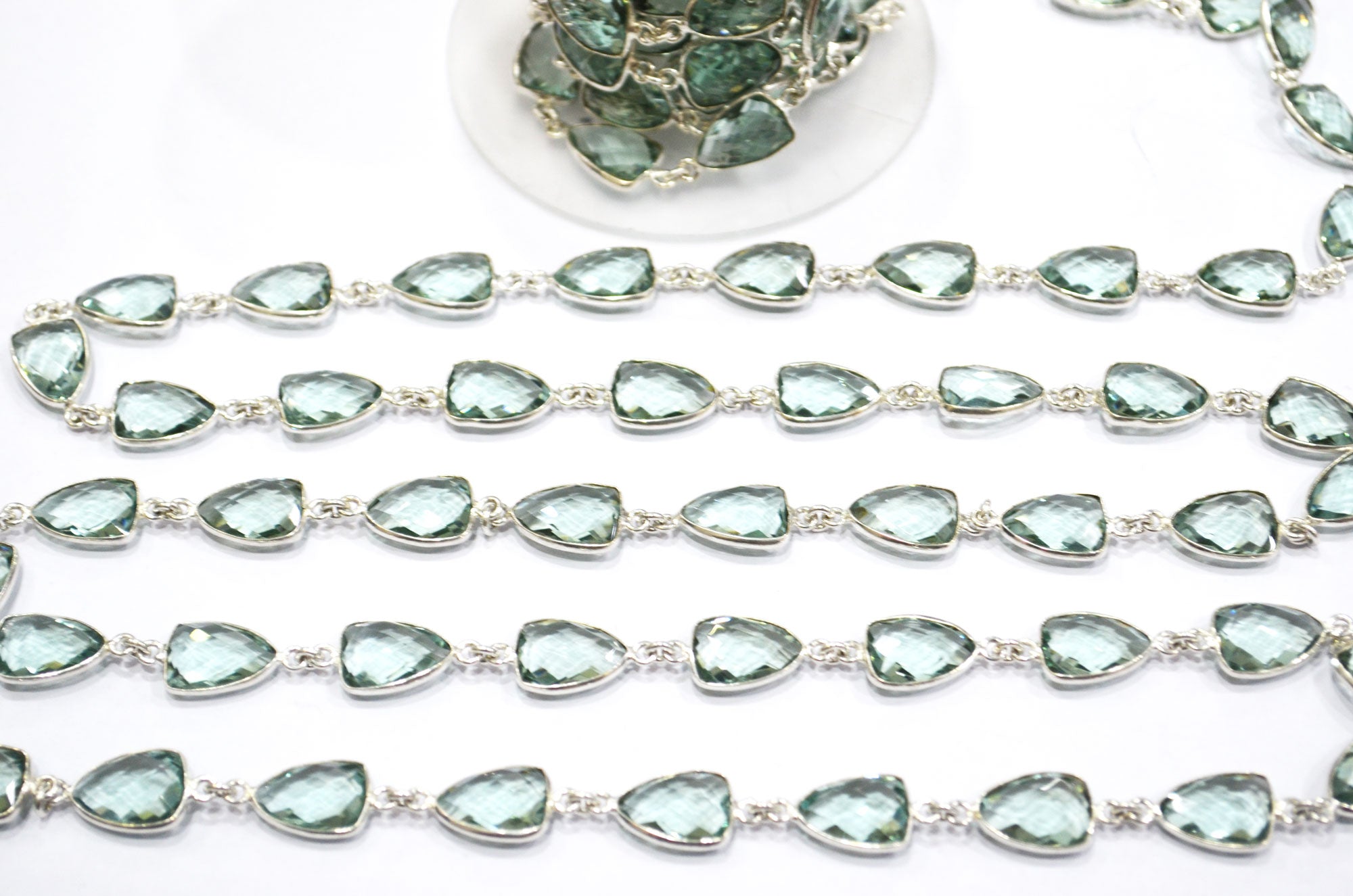 Green Amethyst Hydro Quartz Faceted Trillion Shape Connector Chain , 10x13 mm , RB-5884