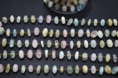 Multi Aquamarine Smooth Uneven Rondelle Shape Rosary Beaded Chain , 7 - 12 mm , RB-5887