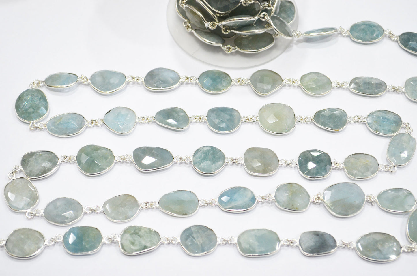 Milky Aquamarine Faceted Slice Shape Connector Chain , 11 - 21 mm , RB-5889