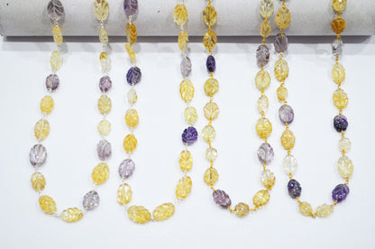 Amethyst Carved Leaf Shape Rosary Beaded Chain , Citrine Carved Leaf Shape Wire Wrapped Chain , 5 - 11 mm , RB-5890