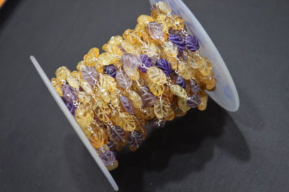 Amethyst Carved Leaf Shape Rosary Beaded Chain , Citrine Carved Leaf Shape Wire Wrapped Chain , 5 - 11 mm , RB-5890