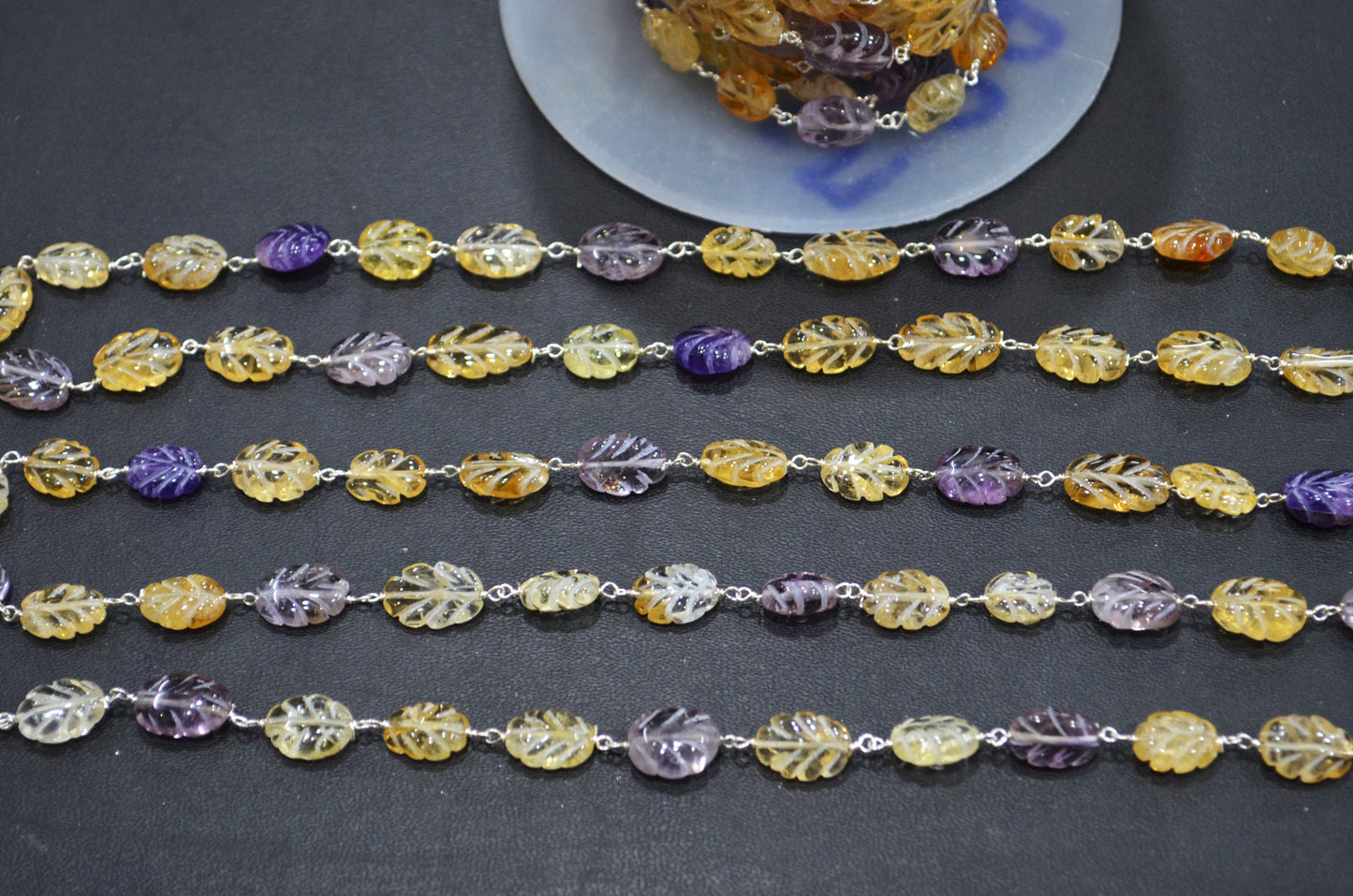 Amethyst Carved Leaf Shape Rosary Beaded Chain , Citrine Carved Leaf Shape Wire Wrapped Chain , 5 - 11 mm , RB-5890