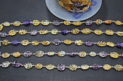Amethyst Carved Leaf Shape Rosary Beaded Chain , Citrine Carved Leaf Shape Wire Wrapped Chain , 5 - 11 mm , RB-5890