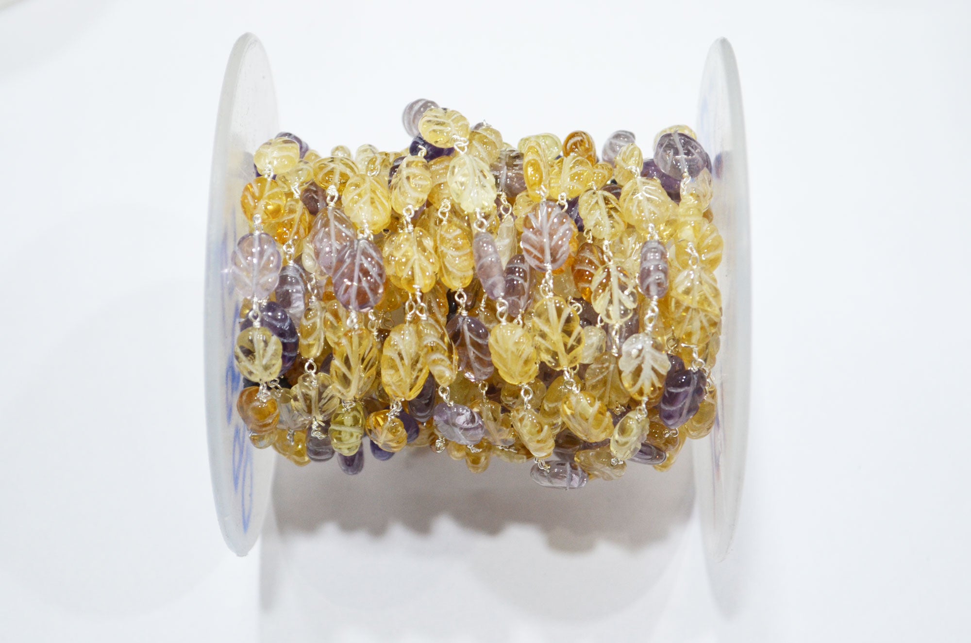 Amethyst Carved Leaf Shape Rosary Beaded Chain , Citrine Carved Leaf Shape Wire Wrapped Chain , 5 - 11 mm , RB-5890