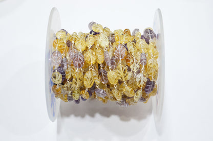 Amethyst Carved Leaf Shape Rosary Beaded Chain , Citrine Carved Leaf Shape Wire Wrapped Chain , 5 - 11 mm , RB-5890