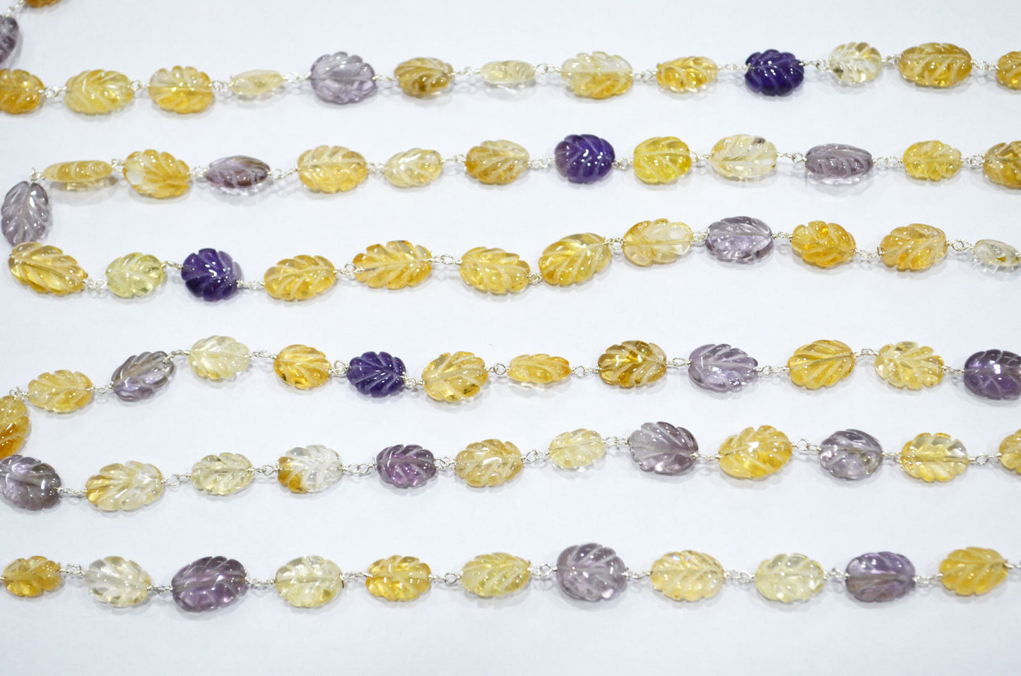 Amethyst Carved Leaf Shape Rosary Beaded Chain , Citrine Carved Leaf Shape Wire Wrapped Chain , 5 - 11 mm , RB-5890