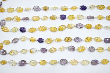 Amethyst Carved Leaf Shape Rosary Beaded Chain , Citrine Carved Leaf Shape Wire Wrapped Chain , 5 - 11 mm , RB-5890