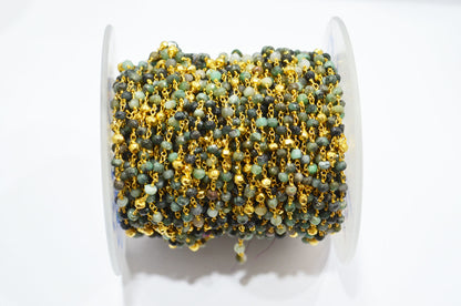 Emerald Faceted Rondelle Shape Rosary Beaded Chain , Emerald With Gold Pyrite Rondelle Shape Gold Wire Wrapped Chain , 3.50 - 4 mm ,RB-5891