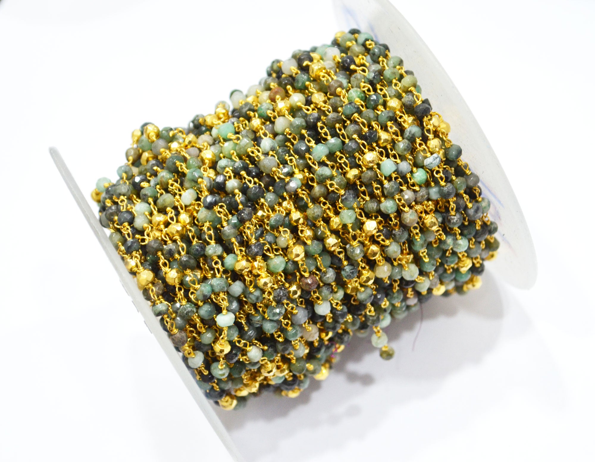 Emerald Faceted Rondelle Shape Rosary Beaded Chain , Emerald With Gold Pyrite Rondelle Shape Gold Wire Wrapped Chain , 3.50 - 4 mm ,RB-5891