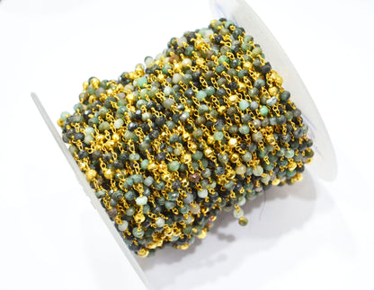 Emerald Faceted Rondelle Shape Rosary Beaded Chain , Emerald With Gold Pyrite Rondelle Shape Gold Wire Wrapped Chain , 3.50 - 4 mm ,RB-5891