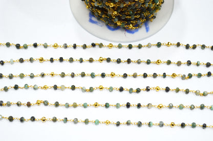 Emerald Faceted Rondelle Shape Rosary Beaded Chain , Emerald With Gold Pyrite Rondelle Shape Gold Wire Wrapped Chain , 3.50 - 4 mm ,RB-5891