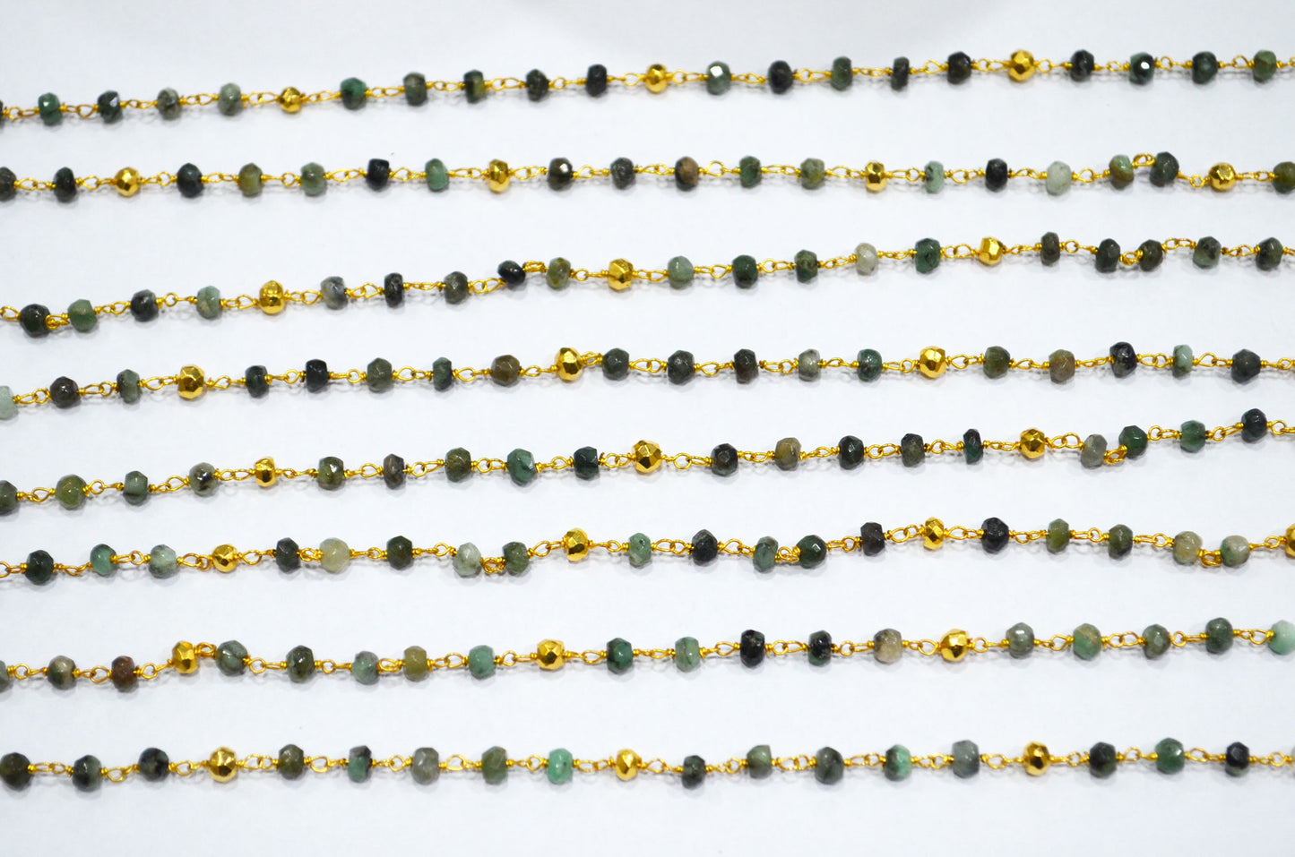 Emerald Faceted Rondelle Shape Rosary Beaded Chain , Emerald With Gold Pyrite Rondelle Shape Gold Wire Wrapped Chain , 3.50 - 4 mm ,RB-5891