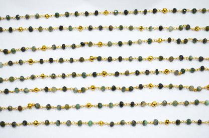 Emerald Faceted Rondelle Shape Rosary Beaded Chain , Emerald With Gold Pyrite Rondelle Shape Gold Wire Wrapped Chain , 3.50 - 4 mm ,RB-5891
