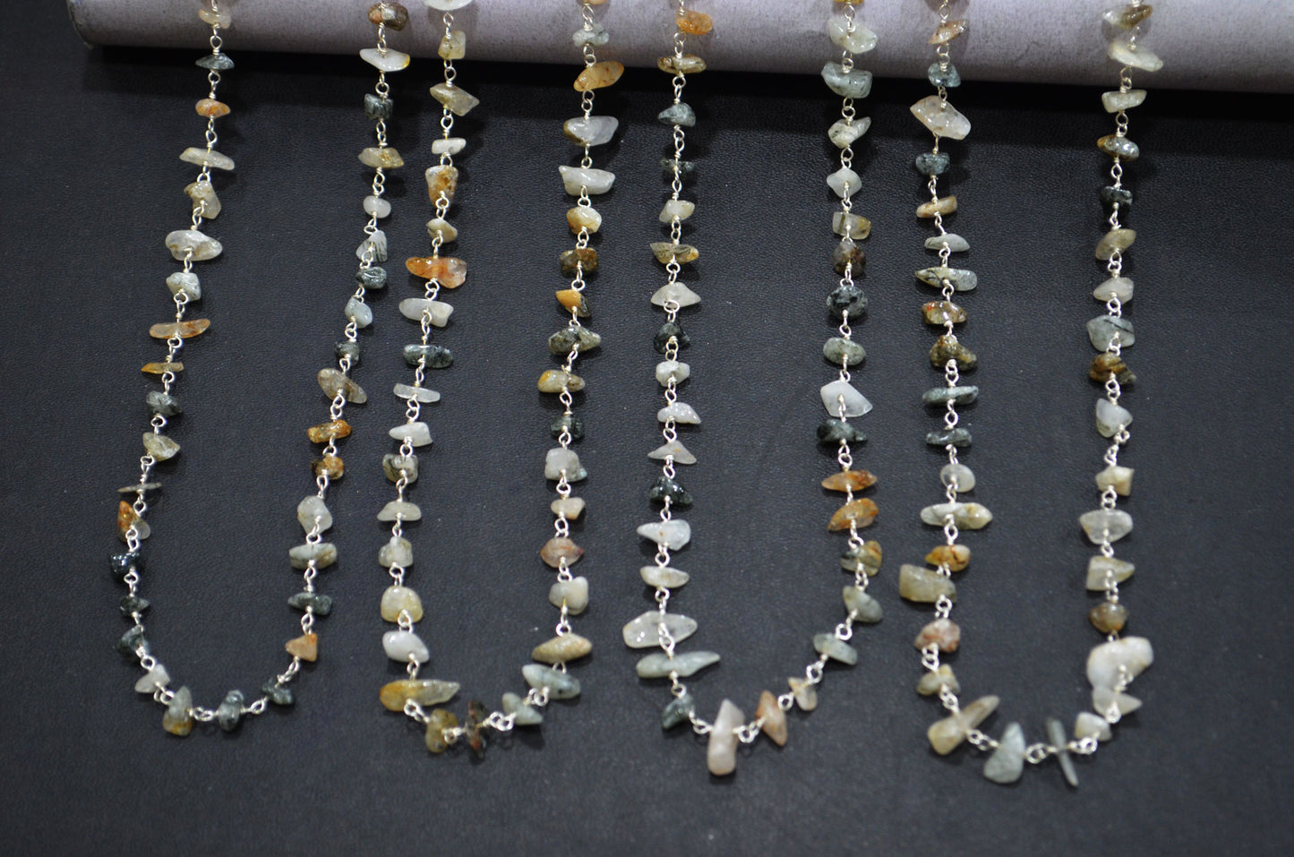 Milky Tourmilated Quartz Organic Polished Irregular Flat Chips Rosary Beaded Chain , 2 - 5 mm , RB-5895