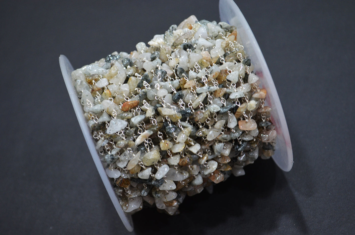 Milky Tourmilated Quartz Organic Polished Irregular Flat Chips Rosary Beaded Chain , 2 - 5 mm , RB-5895