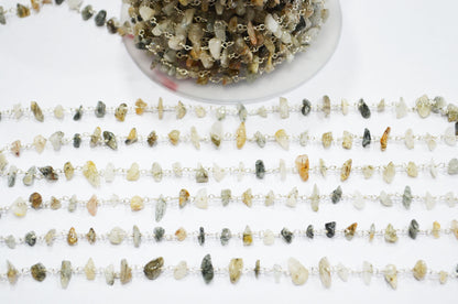 Milky Tourmilated Quartz Organic Polished Irregular Flat Chips Rosary Beaded Chain , 2 - 5 mm , RB-5895