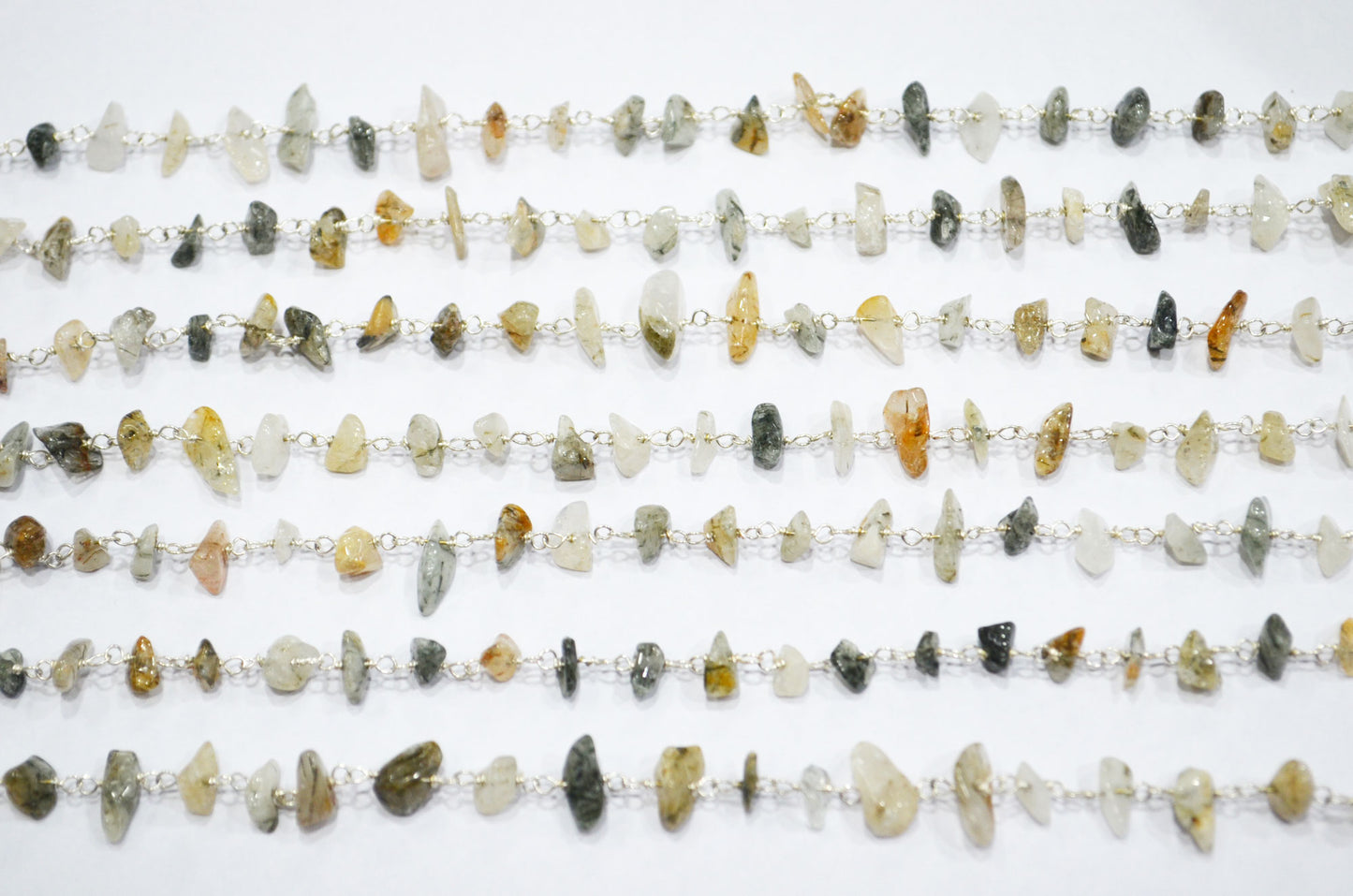 Milky Tourmilated Quartz Organic Polished Irregular Flat Chips Rosary Beaded Chain , 2 - 5 mm , RB-5895