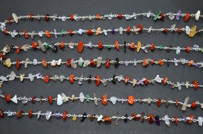 Mix Semi Precious Organic Polished Irregular Flat Chips Rosary Beaded Chain , 3 - 5 mm , RB-5897