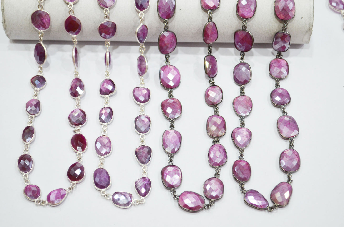 Ruby Colored Moonstone Faceted Slice Shape Connector Chain , 12 - 17 mm , RB-5902