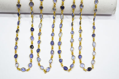 Natural Iolite Faceted Free Form Shape Connector Chain , 5 - 7 mm , RB-5910