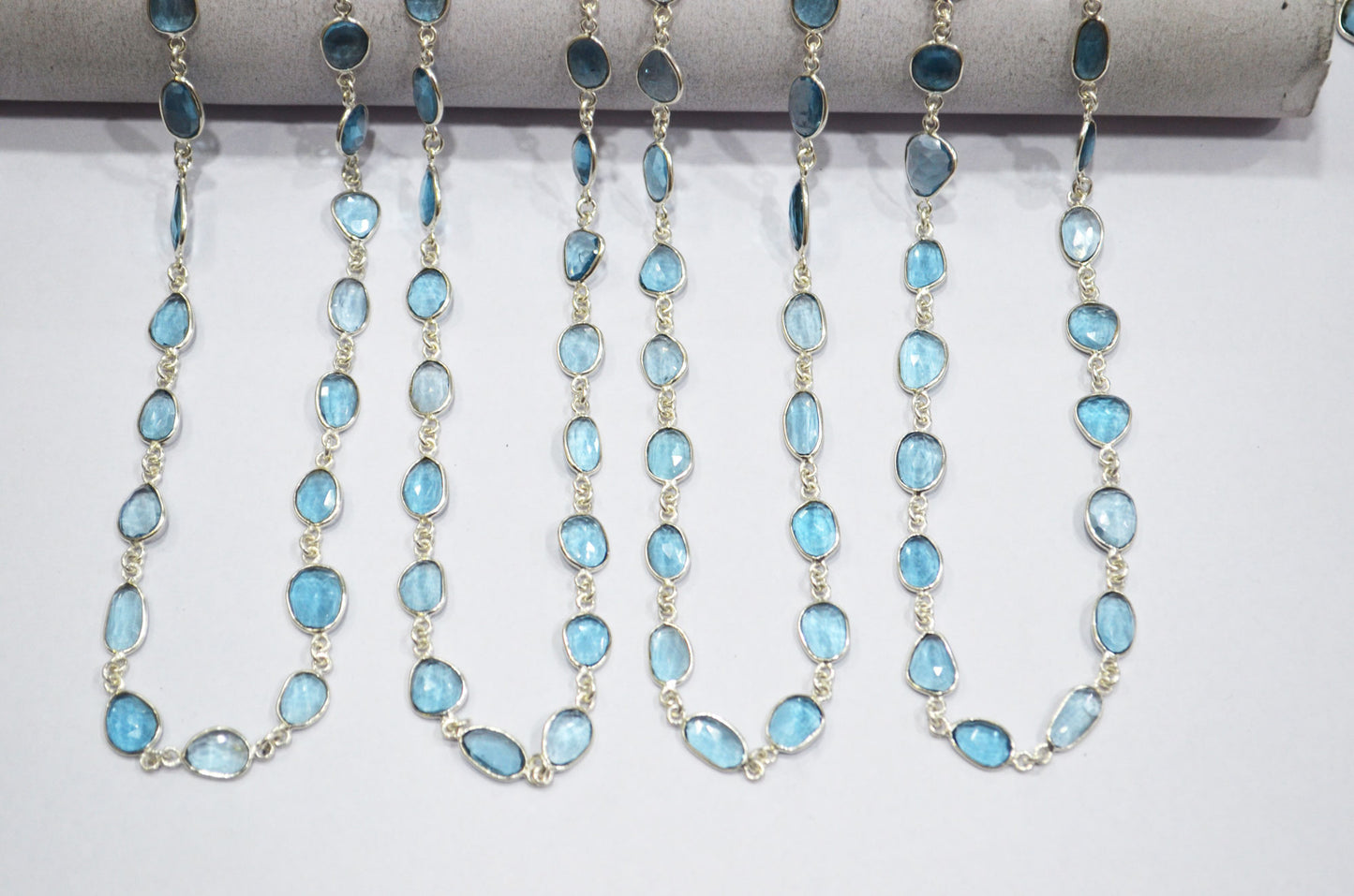 Natural London Blue Topaz Faceted Free Form Shape Connector Chain , 5 - 7 mm , RB-5913