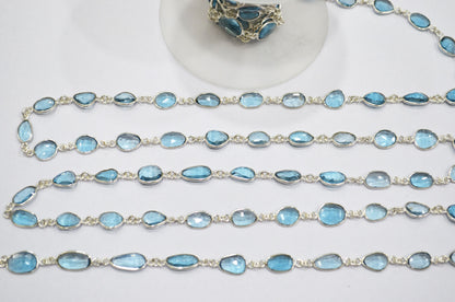 Natural London Blue Topaz Faceted Free Form Shape Connector Chain , 5 - 7 mm , RB-5913