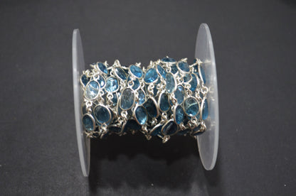 Natural London Blue Topaz Faceted Free Form Shape Connector Chain , 5 - 7 mm , RB-5913