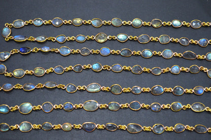 Natural Labradorite Faceted Free Form Shape Connector Chain , 6 - 9 mm , RB-5916