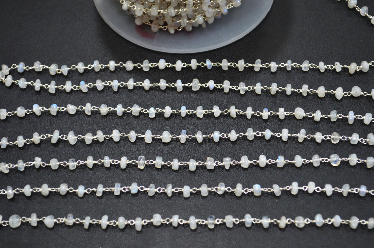 Rainbow Moonstone Smooth Uneven Rondelle Shape Rosary Beaded Chain , 4.50 - 5 mm , RB-5918