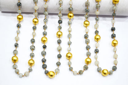 Black Rutile Carved Flower Shape Rosary Beaded Chain , Black Rutile With Brass Beads Wire Wrapped Chain , 6.50 - 7.50 mm , RB-5919