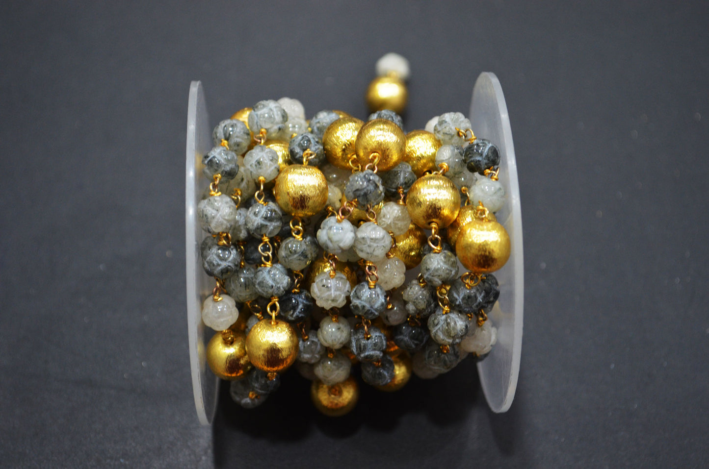 Black Rutile Carved Flower Shape Rosary Beaded Chain , Black Rutile With Brass Beads Wire Wrapped Chain , 6.50 - 7.50 mm , RB-5919