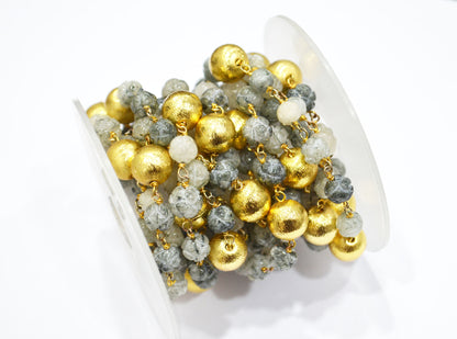 Black Rutile Carved Flower Shape Rosary Beaded Chain , Black Rutile With Brass Beads Wire Wrapped Chain , 6.50 - 7.50 mm , RB-5919