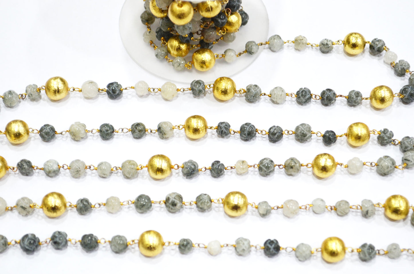 Black Rutile Carved Flower Shape Rosary Beaded Chain , Black Rutile With Brass Beads Wire Wrapped Chain , 6.50 - 7.50 mm , RB-5919