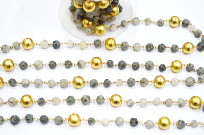 Black Rutile Carved Flower Shape Rosary Beaded Chain , Black Rutile With Brass Beads Wire Wrapped Chain , 6.50 - 7.50 mm , RB-5919