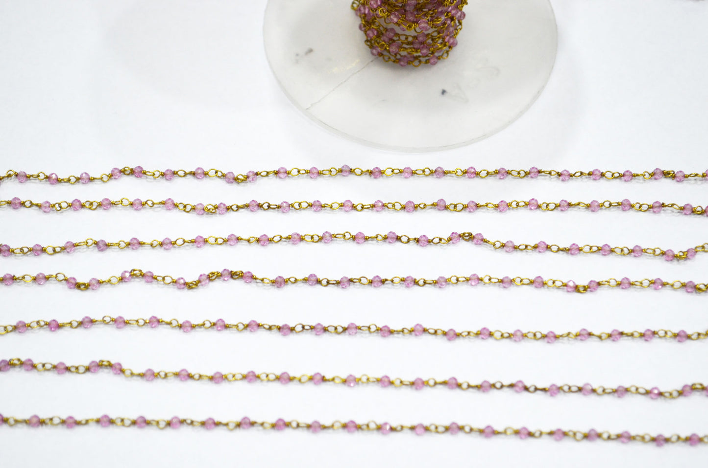 Pink Colored Topaz Faceted Round Shape Rosary Beaded Chain , 2 - 2.30 mm , RB-5924