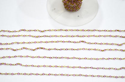 Pink Colored Topaz Faceted Round Shape Rosary Beaded Chain , 2 - 2.30 mm , RB-5924