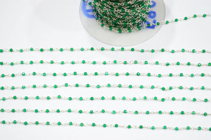 Green Onyx Faceted Round Shape Rosary Beaded Chain , 2 - 2.30 mm , RB-5929