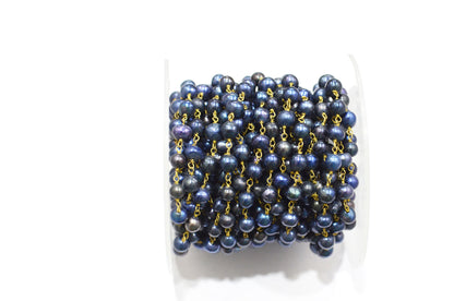 Black Pearl Smooth Round Shape Rosary Beaded Chain , 5 - 5.50 mm , RB-5933