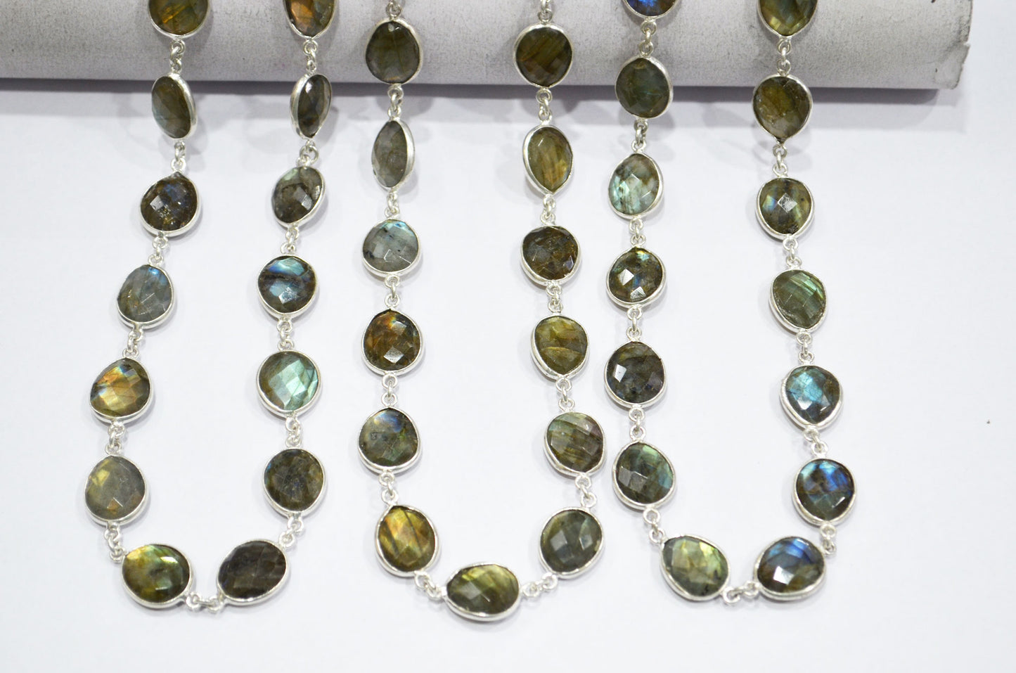 Labradorite Faceted Egg Shape Connector Chain , 11x13 mm , RB-5934