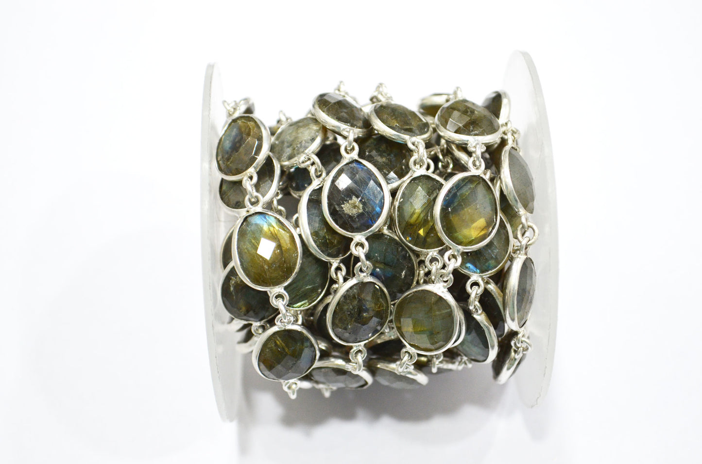 Labradorite Faceted Egg Shape Connector Chain , 11x13 mm , RB-5934