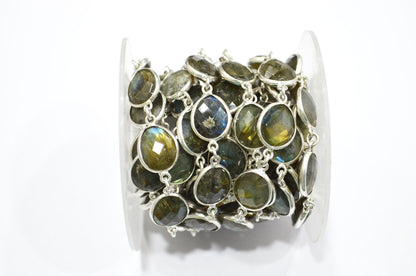 Labradorite Faceted Egg Shape Connector Chain , 11x13 mm , RB-5934