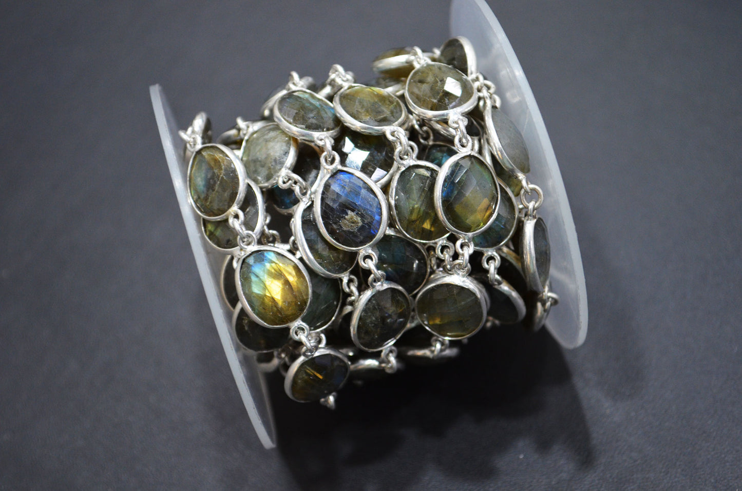 Labradorite Faceted Egg Shape Connector Chain , 11x13 mm , RB-5934