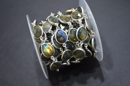 Labradorite Faceted Egg Shape Connector Chain , 11x13 mm , RB-5934