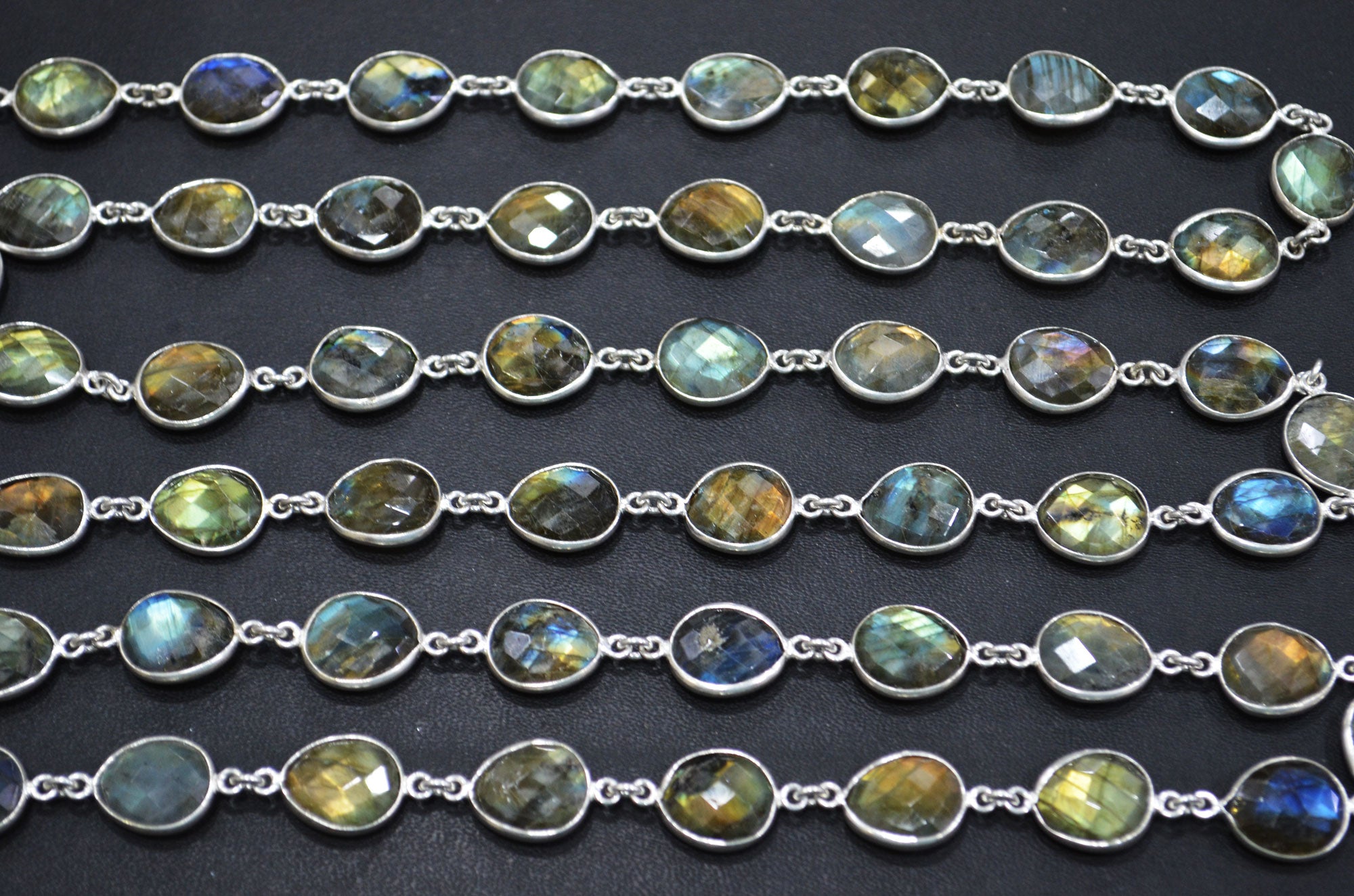 Labradorite Faceted Egg Shape Connector Chain , 11x13 mm , RB-5934