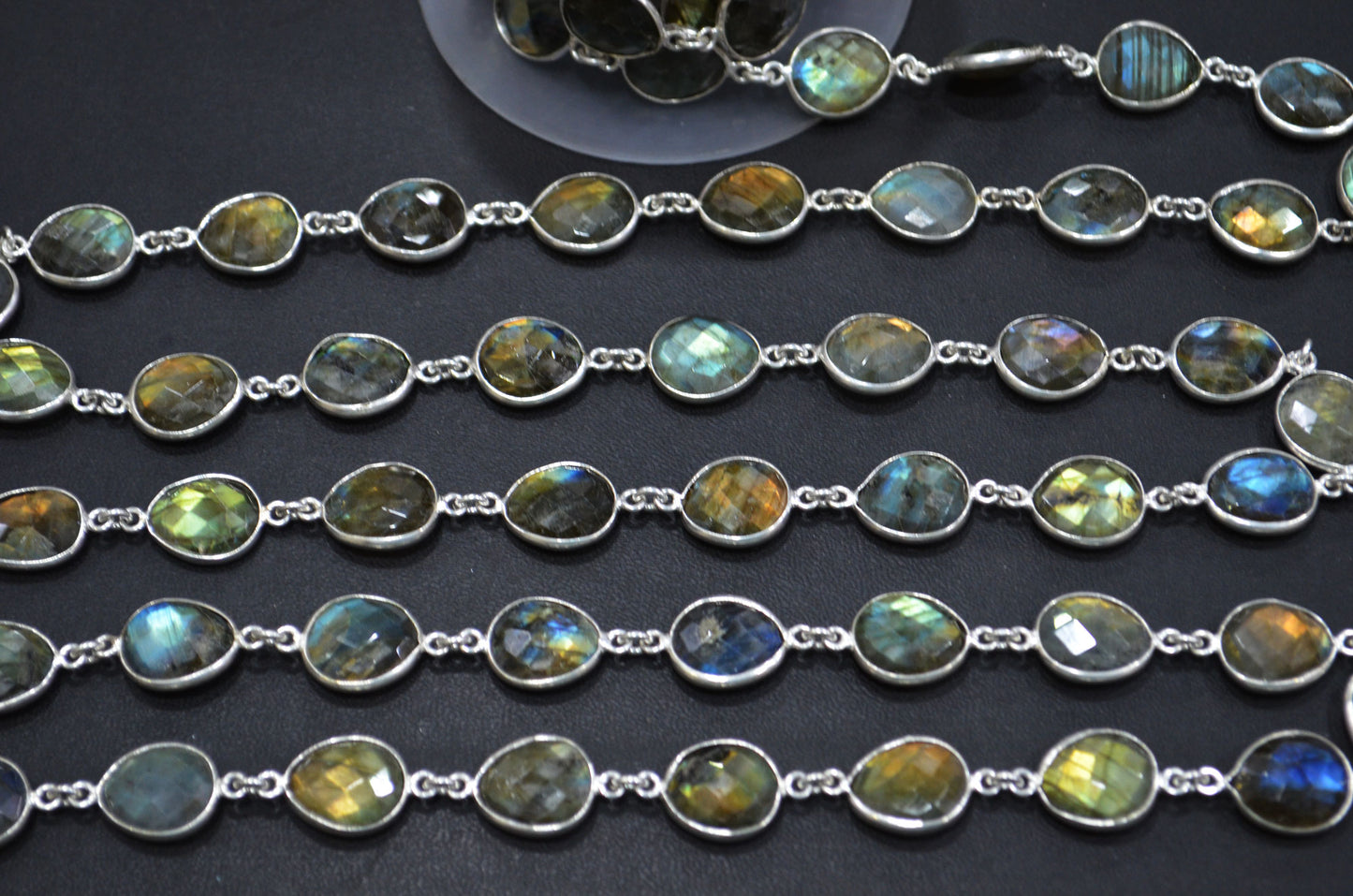 Labradorite Faceted Egg Shape Connector Chain , 11x13 mm , RB-5934