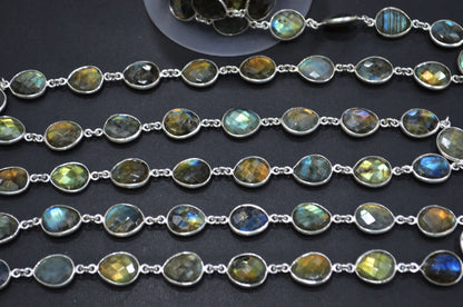 Labradorite Faceted Egg Shape Connector Chain , 11x13 mm , RB-5934